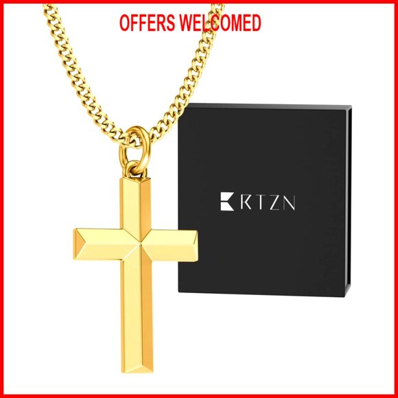 18K Gold Plated Cross Pendant Necklace with 2mm Curb Chain